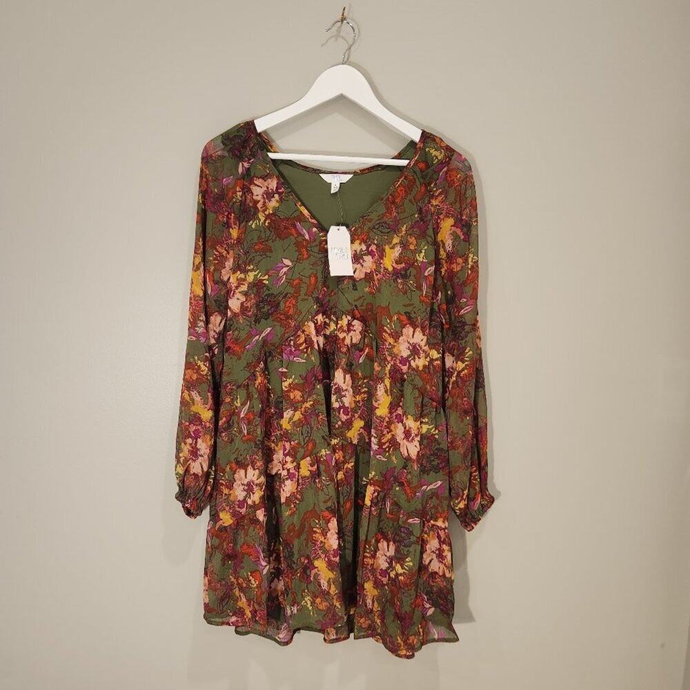 Time and Tru Long Sleeve Dress Bohemian Country Cowgirl Floral Green- Size S